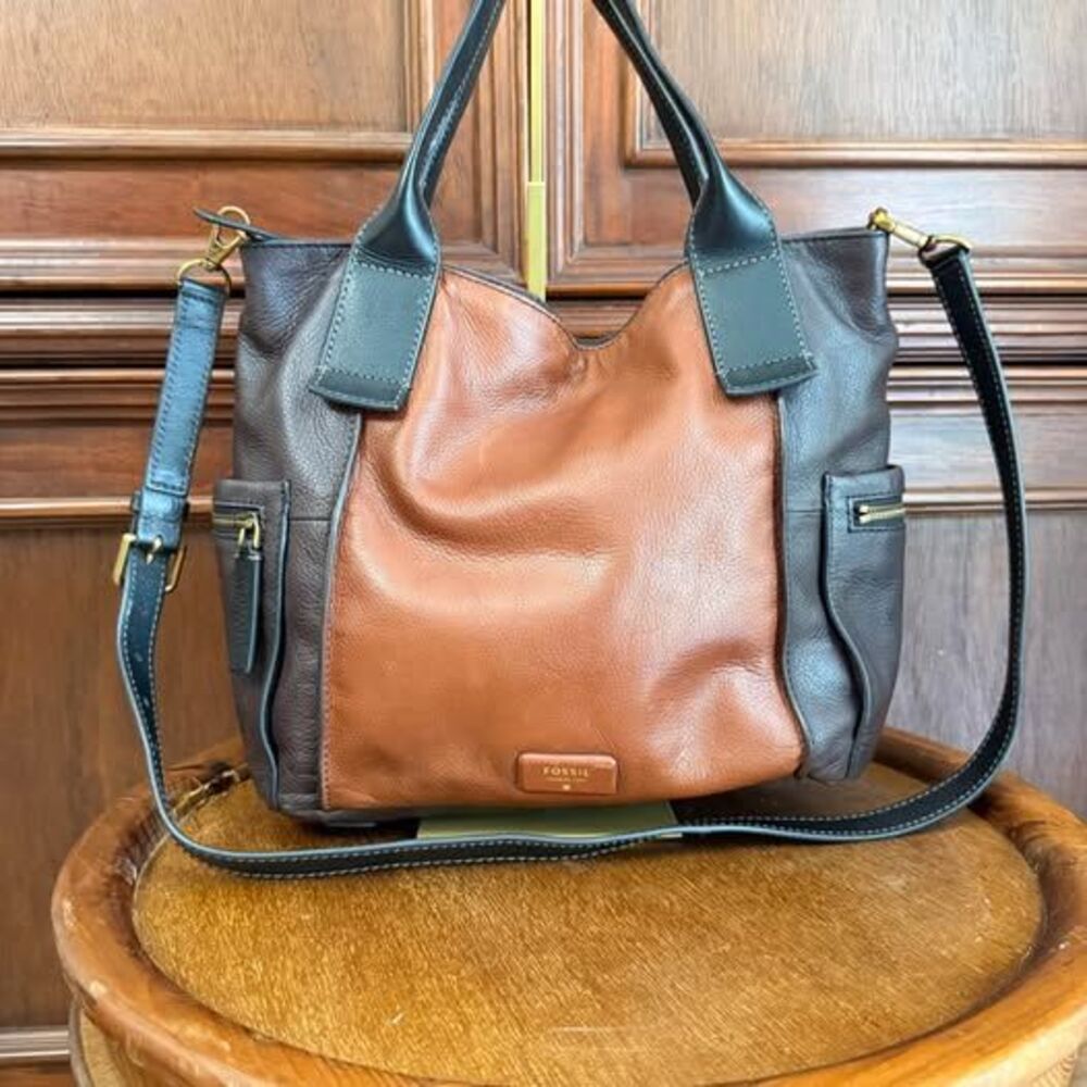 Fossil Emerson Tricolor Black & Browns Pebbled Leather Tote Shoulder Bag